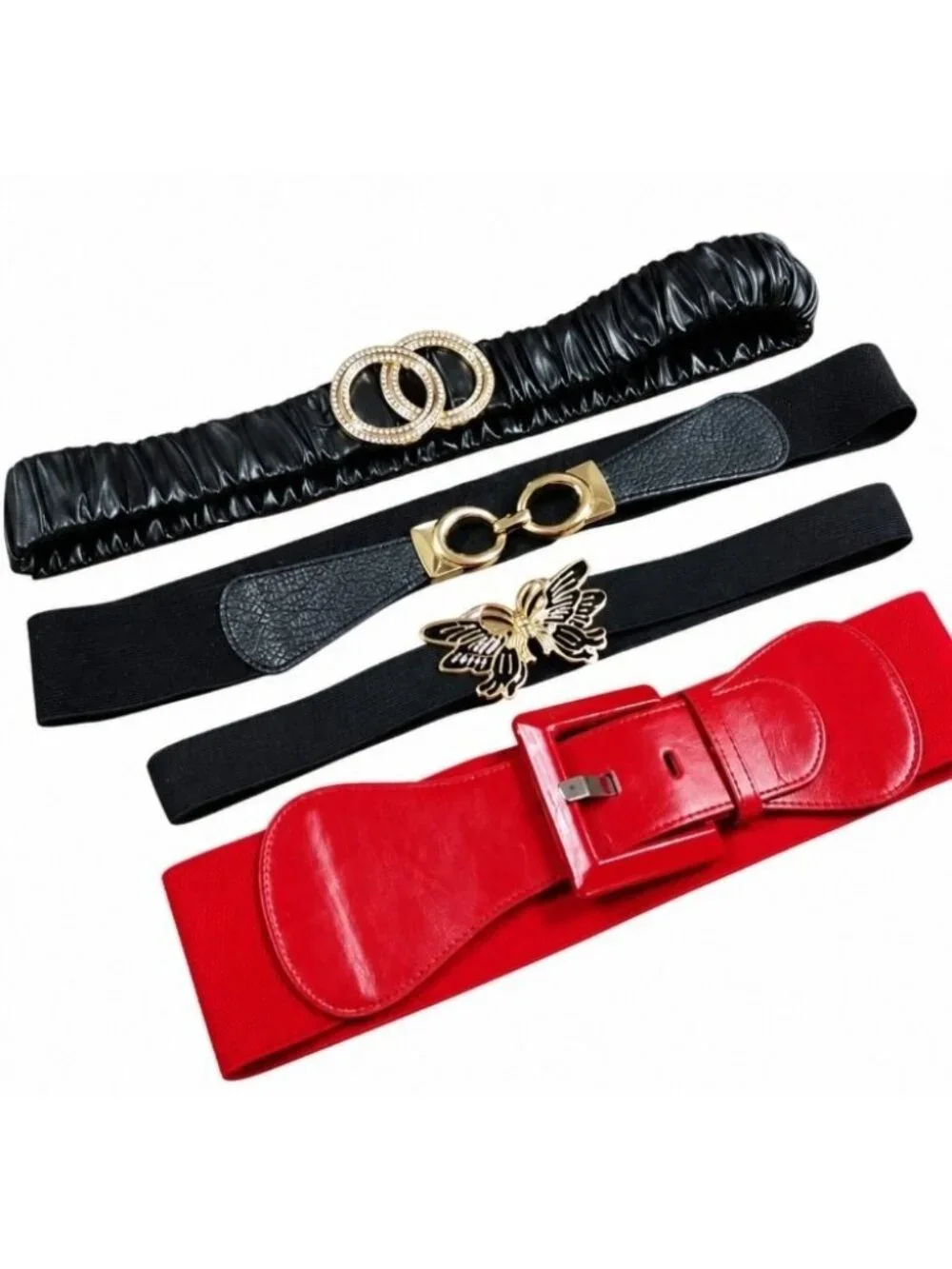 Vintage 90s Womens Belt Lot 4pc Stretch Statement Buckles Rhinestone Butterfly